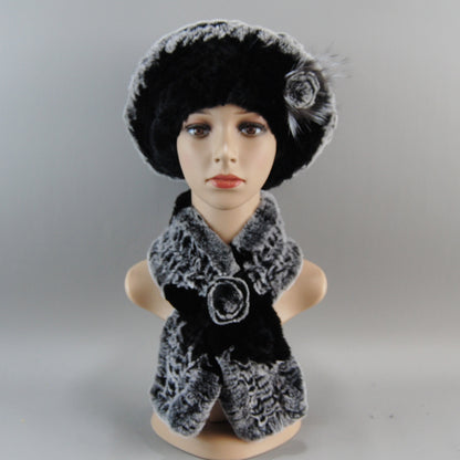 Women Fashion Rex Rabbit Fur Hats Scarves and caps, Warm Real Fur Hat Muffler, Winter Fur Scarf Sets
