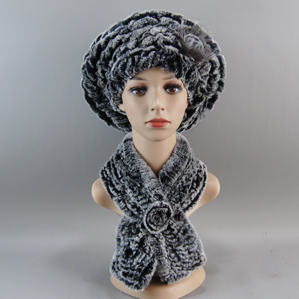 Women Fashion Rex Rabbit Fur Hats Scarves And Caps Warm Real Fur Hat Muffler Winter Fur Scarf Sets 6
