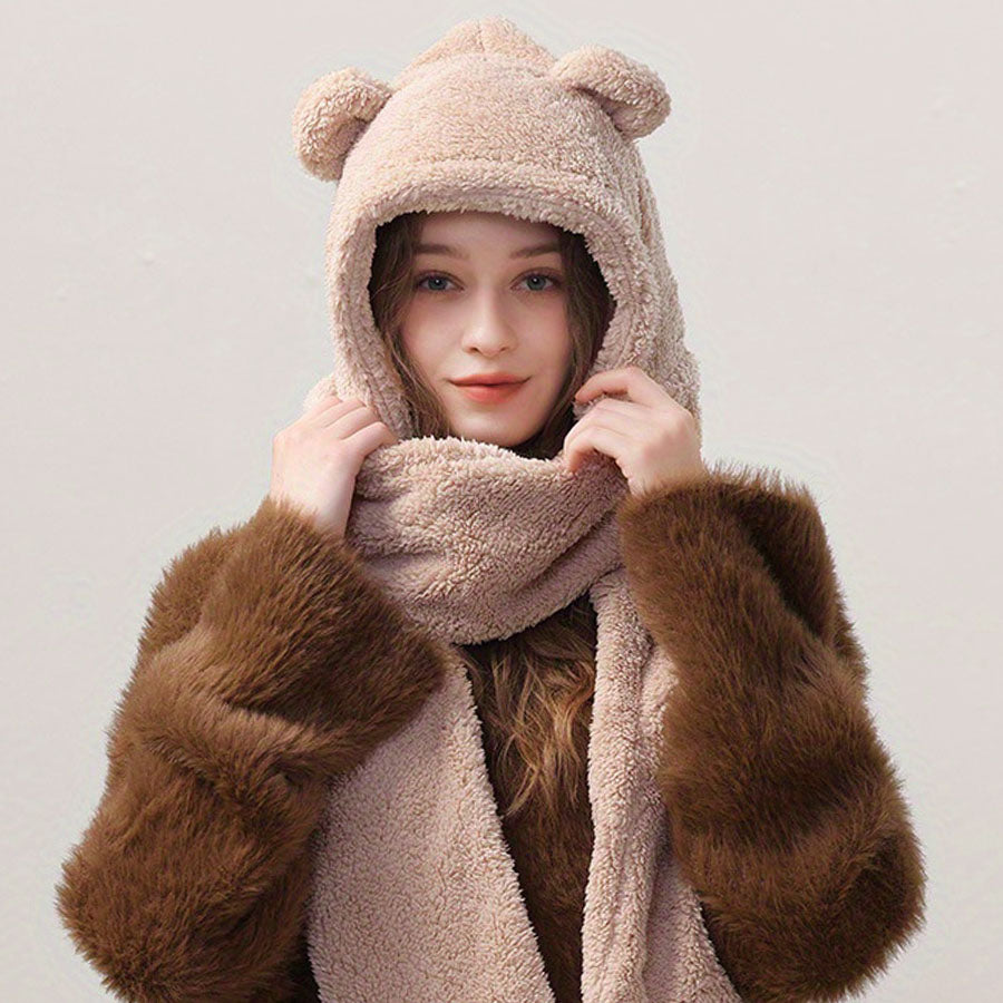 Bear Ear Hoodie Hat Scarf Gloves Set Winter Warm Cute Casual Plush Girl Fashion Comforts Polyester