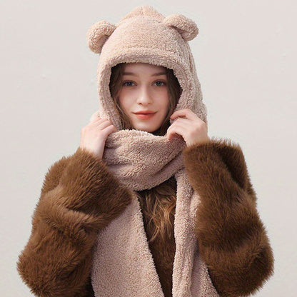 Bear Ear Hoodie Hat Scarf Gloves Set Winter Warm Cute Casual Plush Girl Fashion Comforts Polyester