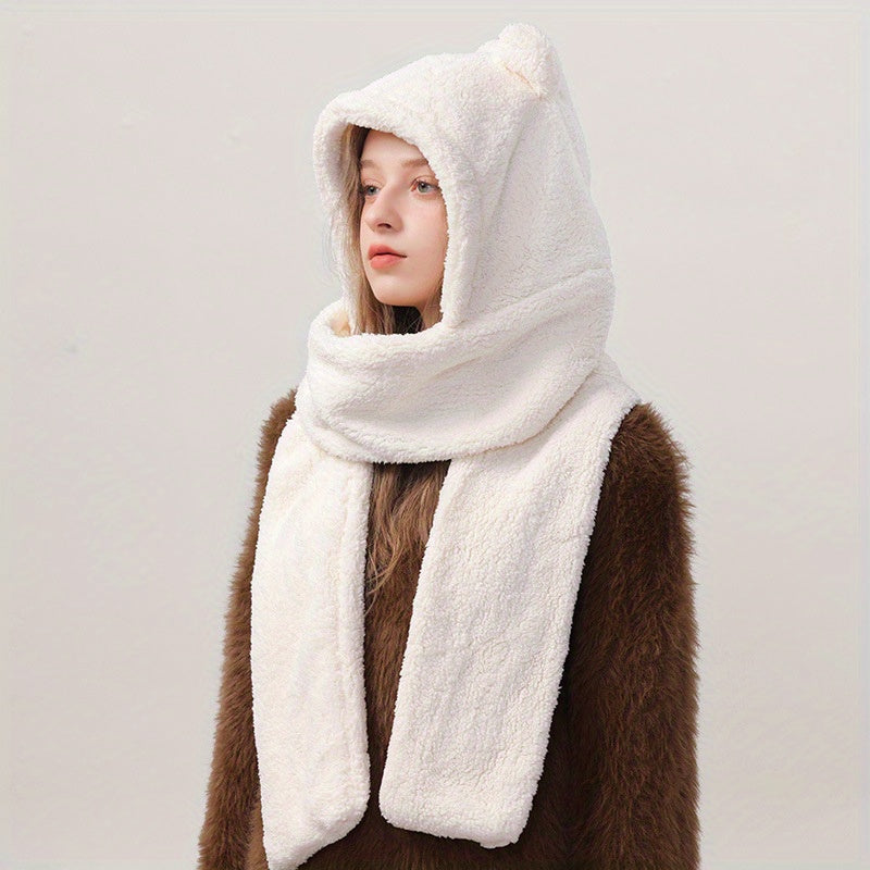 Bear Ear Hoodie Hat Scarf Gloves Set Winter Warm Cute Casual Plush Girl Fashion Comforts Polyester 1