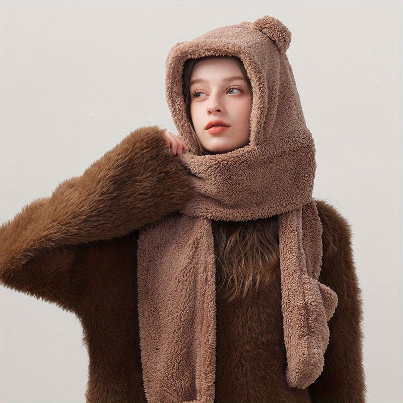 Bear Ear Hoodie Hat Scarf Gloves Set Winter Warm Cute Casual Plush Girl Fashion Comforts Polyester 2