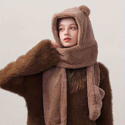 Bear Ear Hoodie Hat Scarf Gloves Set Winter Warm Cute Casual Plush Girl Fashion Comforts Polyester 2