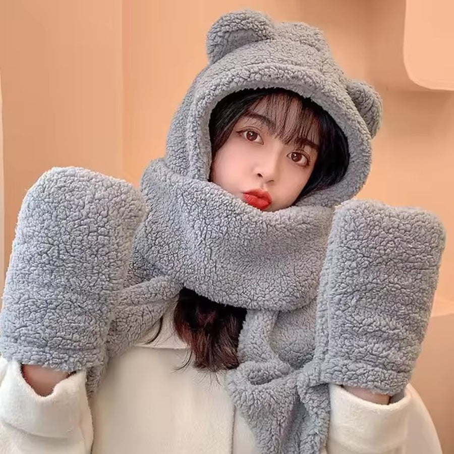Bear Ear Hoodie Hat Scarf Gloves Set Winter Warm Cute Casual Plush Girl Fashion Comforts Polyester 6