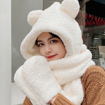 Bear Ear Hoodie Hat Scarf Gloves Set Winter Warm Cute Casual Plush Girl Fashion Comforts Polyester 7