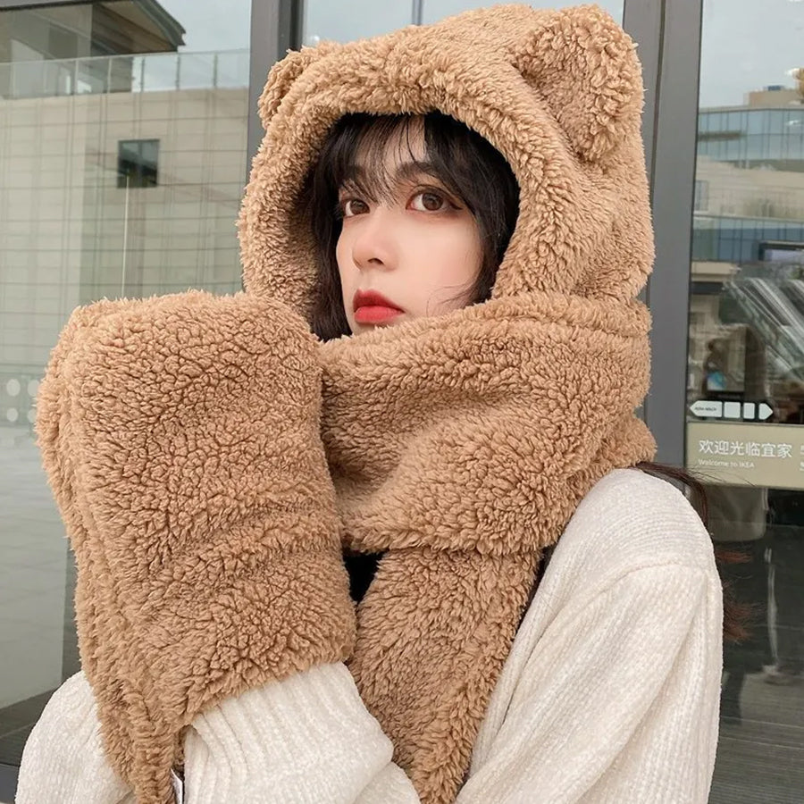 Bear Ear Hoodie Hat Scarf Gloves Set Winter Warm Cute Casual Plush Girl Fashion Comforts Polyester 8