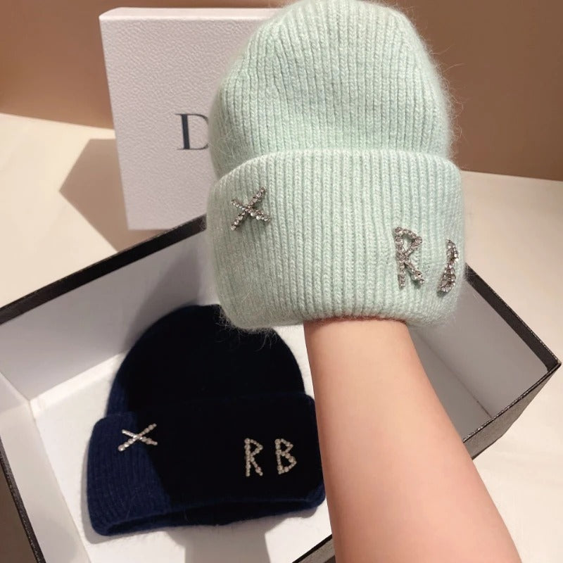Winter Warm Real Rabbit Fur Beanies Hats with Diamond Letter for Women Skiing Cap Casual Bonnet