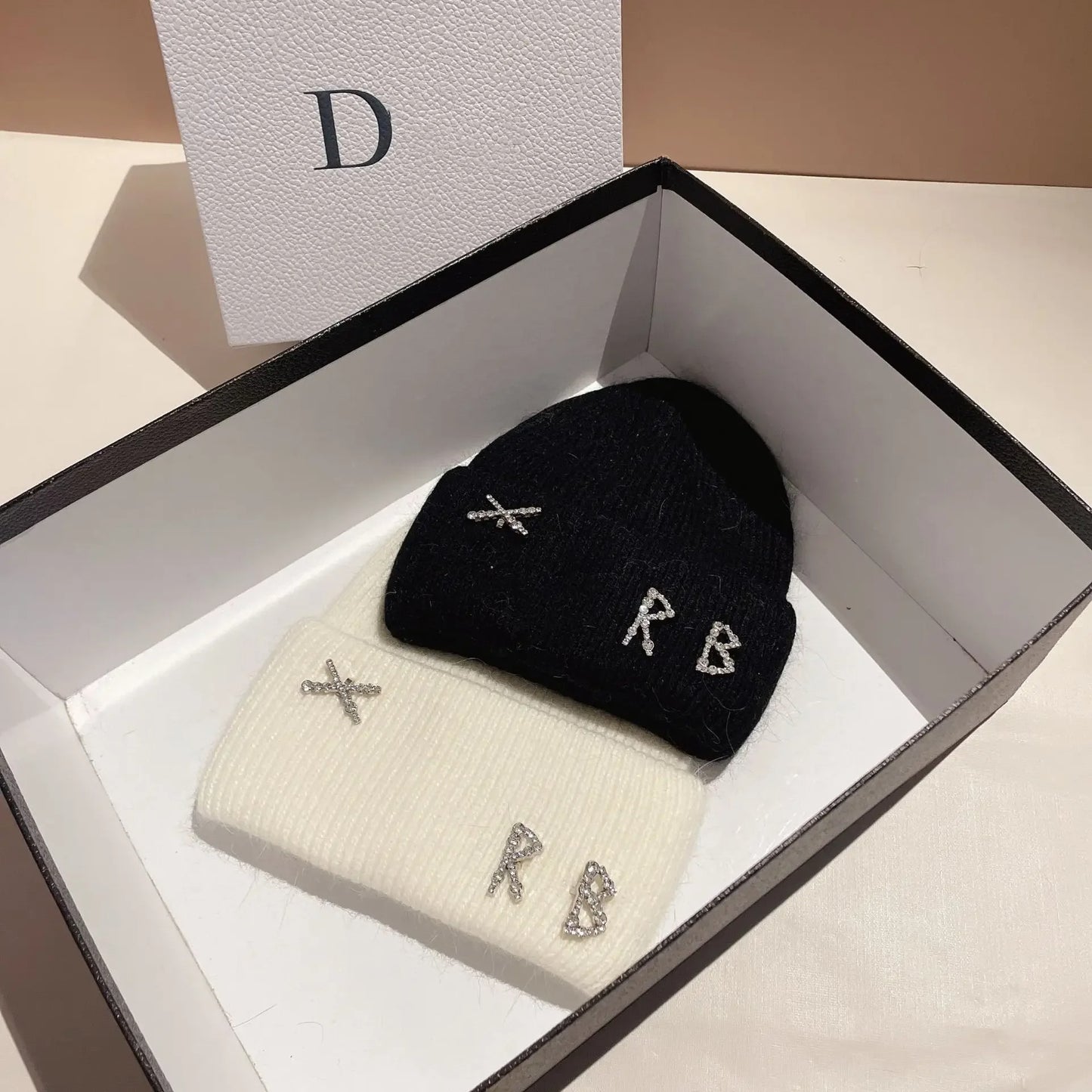 Winter Warm Real Rabbit Fur Beanies Hats with Diamond Letter for Women Skiing Cap Casual Bonnet