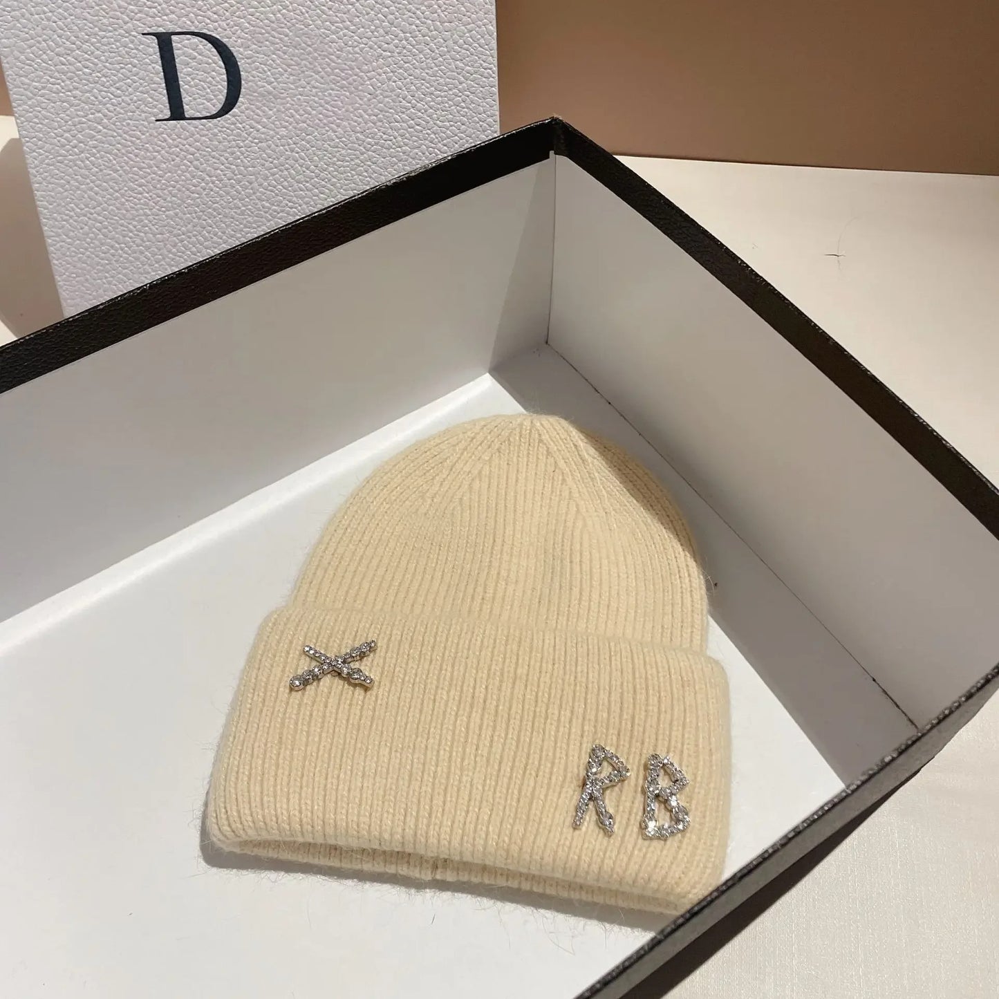 Winter Warm Real Rabbit Fur Beanies Hats with Diamond Letter for Women Skiing Cap Casual Bonnet