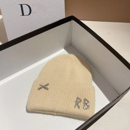 Winter Warm Real Rabbit Fur Beanies Hats with Diamond Letter for Women Skiing Cap Casual Bonnet