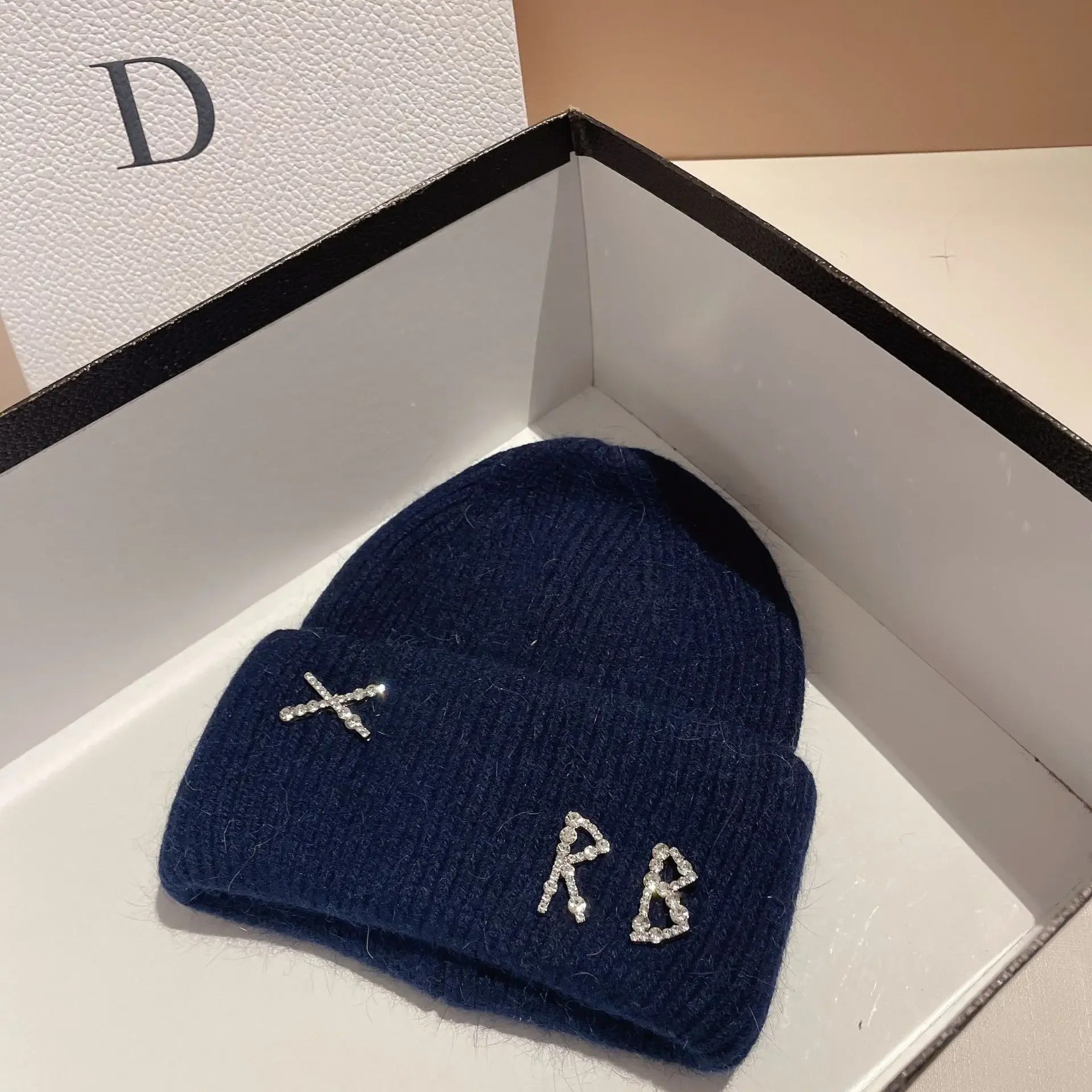 Winter Warm Real Rabbit Fur Beanies Hats with Diamond Letter for Women Skiing Cap Casual Bonnet