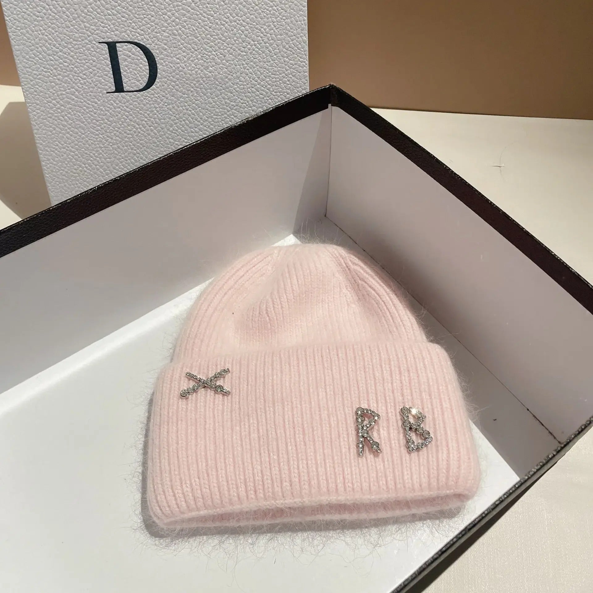 Winter Warm Real Rabbit Fur Beanies Hats with Diamond Letter for Women Skiing Cap Casual Bonnet