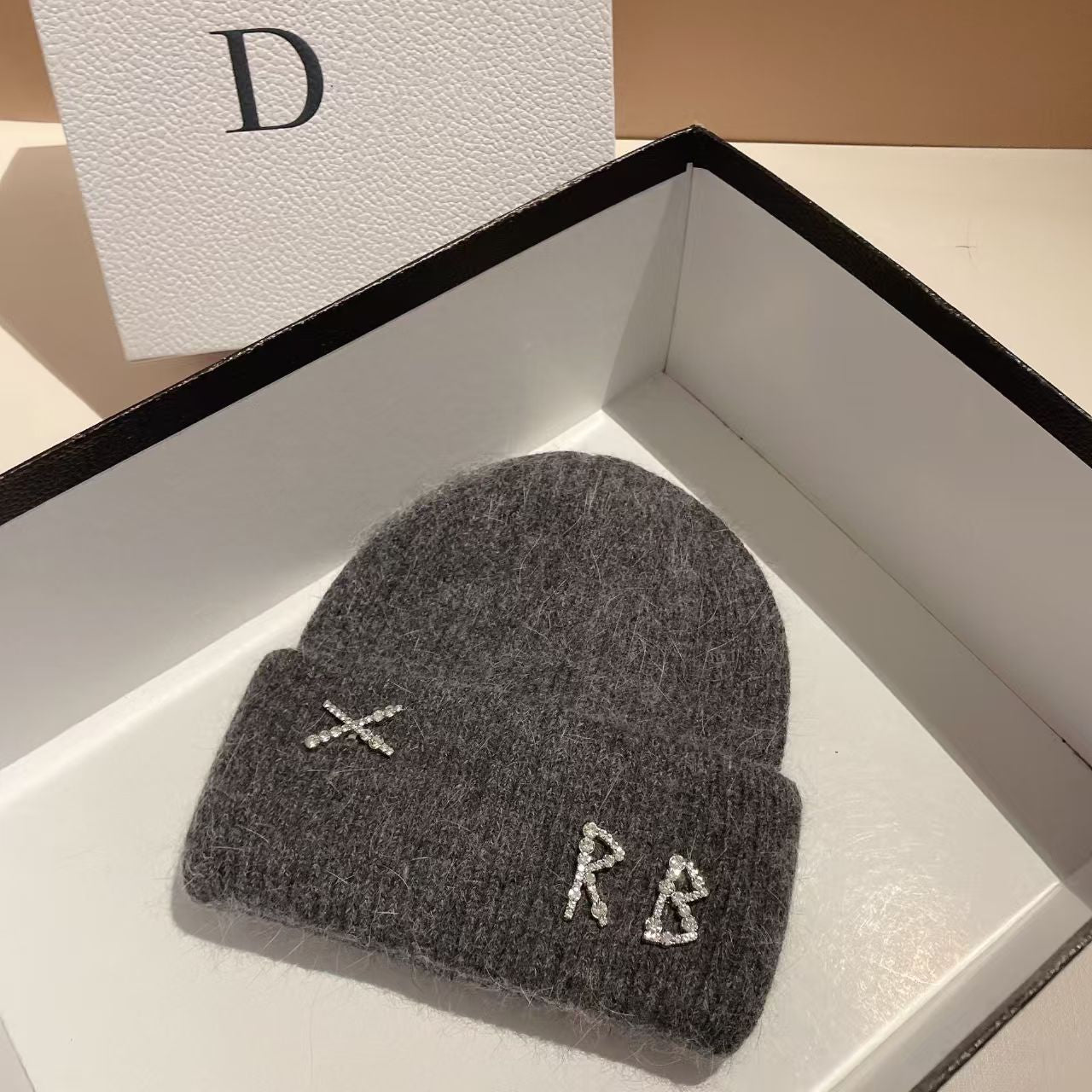 Winter Warm Real Rabbit Fur Beanies Hats with Diamond Letter for Women Skiing Cap Casual Bonnet