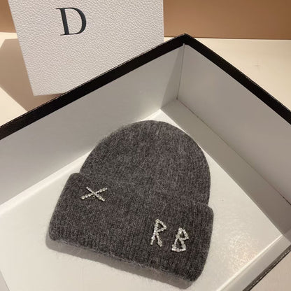 Winter Warm Real Rabbit Fur Beanies Hats with Diamond Letter for Women Skiing Cap Casual Bonnet