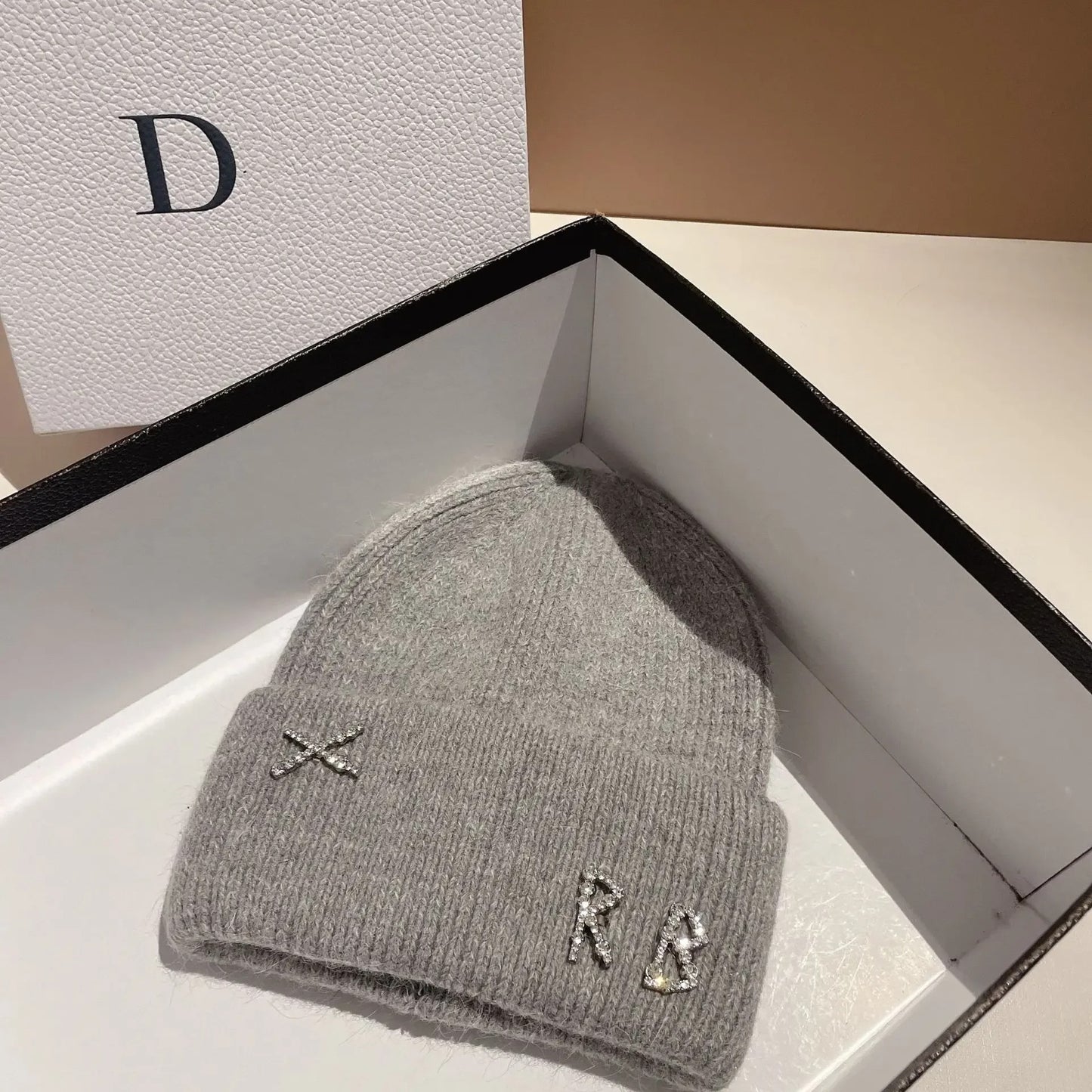 Winter Warm Real Rabbit Fur Beanies Hats with Diamond Letter for Women Skiing Cap Casual Bonnet