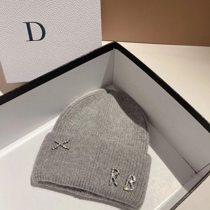 Winter Warm Real Rabbit Fur Beanies Hats with Diamond Letter for Women Skiing Cap Casual Bonnet