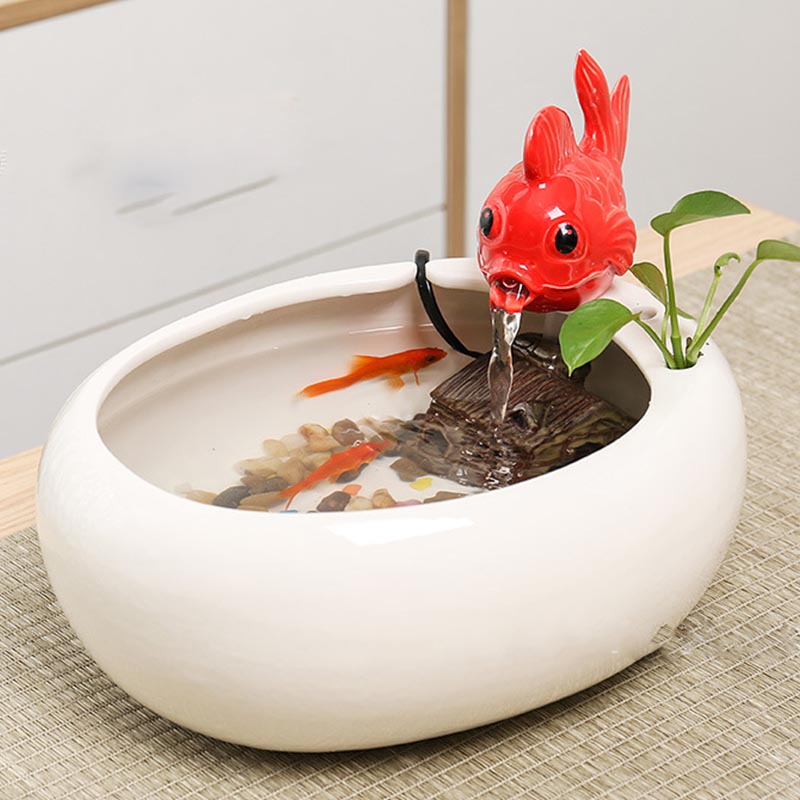 Ceramic Fountain Hydroponic Vase Waterfall, Calming Fish Tank Water Feature for Office, Home Decor, Powered Waterfall