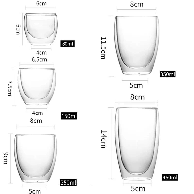 Premium DoubleWall Insulated Glass Coffee  Beverage Mug Set  6 Sizes 80150250350450 Ml Thermal Drin 1