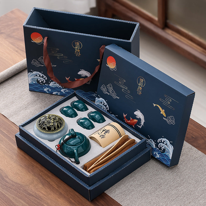 Ceramic Tea Set One Pot Four Cups Sandalwood Stove With Incense Burner Gift Box For Ceremony 6