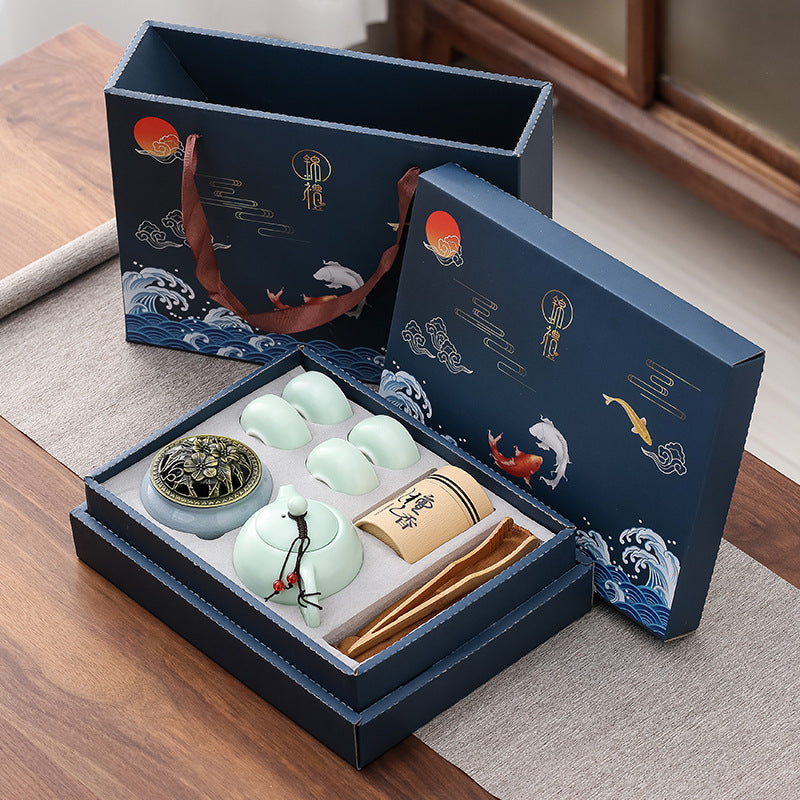Ceramic Tea Set One Pot Four Cups Sandalwood Stove With Incense Burner Gift Box For Ceremony 7