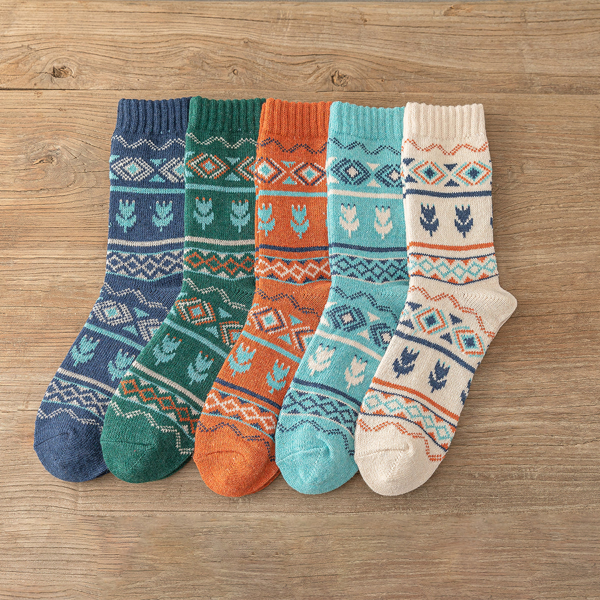 Man Women Socks Retro Style Flower Pattern Thick Warm Winter Socks 6