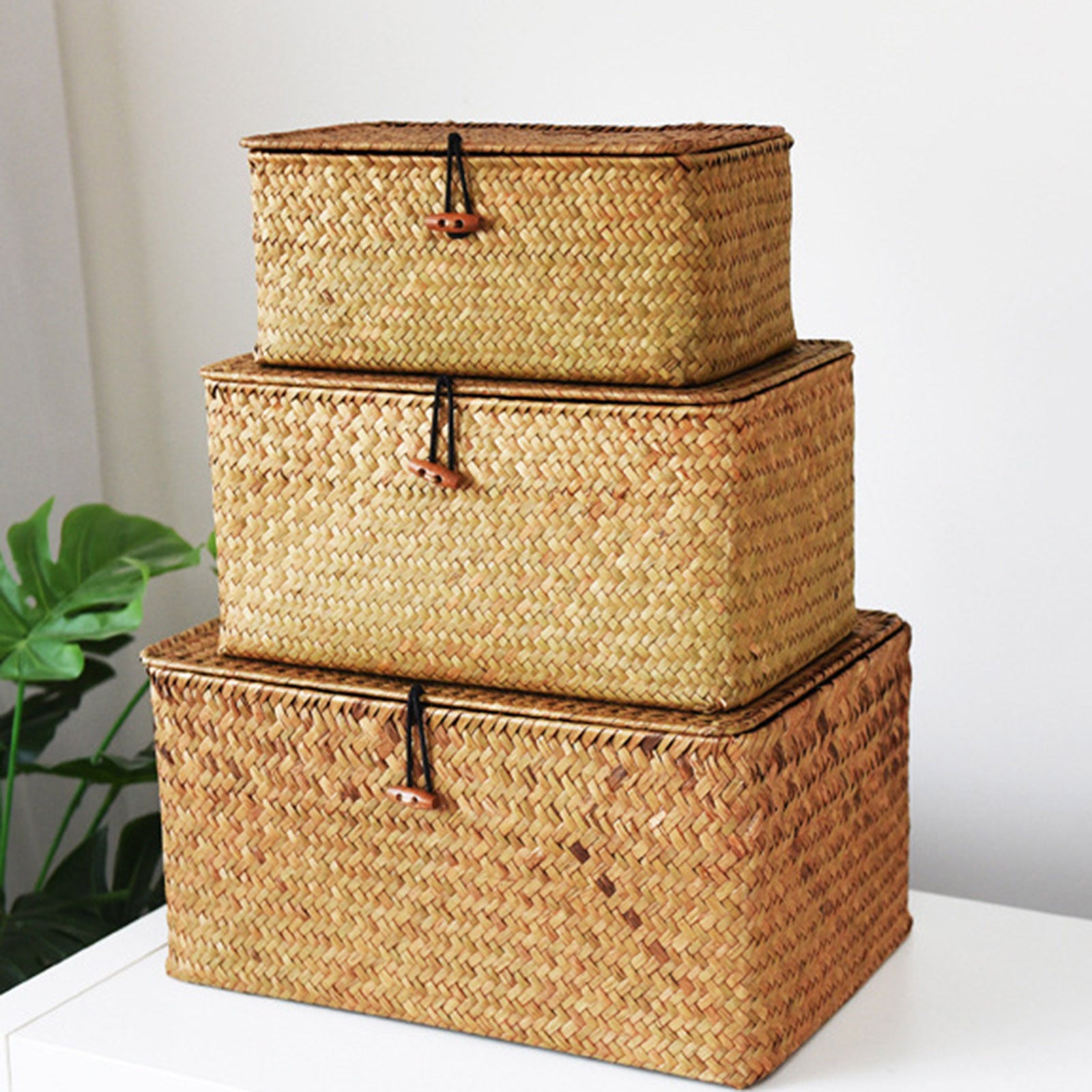 Handmade Wicker Woven Storage Box with Lid, Rattan Finishing Basket for Laundry, Towels Cosmetics, Sundry Bath Container