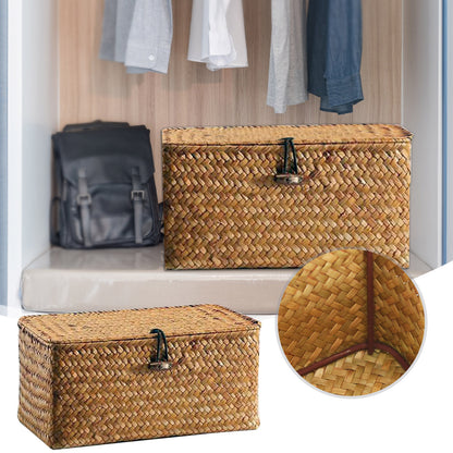 Handmade Wicker Woven Storage Box With Lid Rattan Finishing Basket For Laundry Towels Cosmetics Sun 1