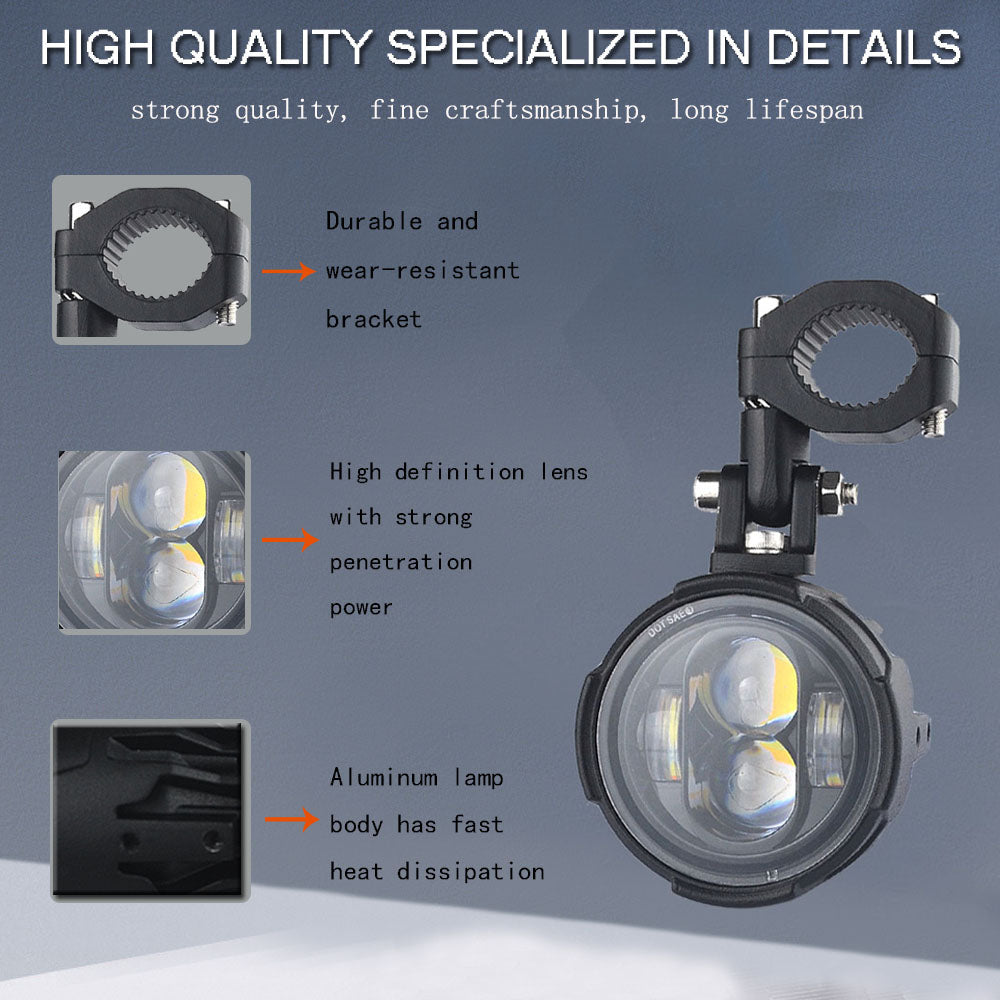 LED Auxiliary Driving Light for Motorcycle, Fog Lamp, Dual Color Headlight, Spotlight