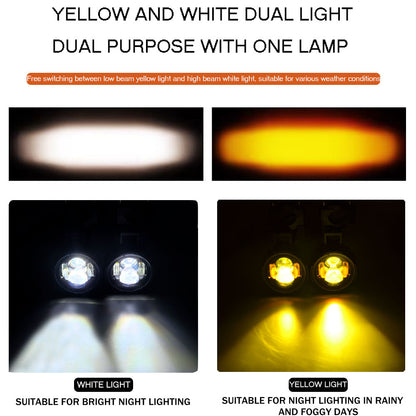 LED Auxiliary Driving Light for Motorcycle, Fog Lamp, Dual Color Headlight, Spotlight