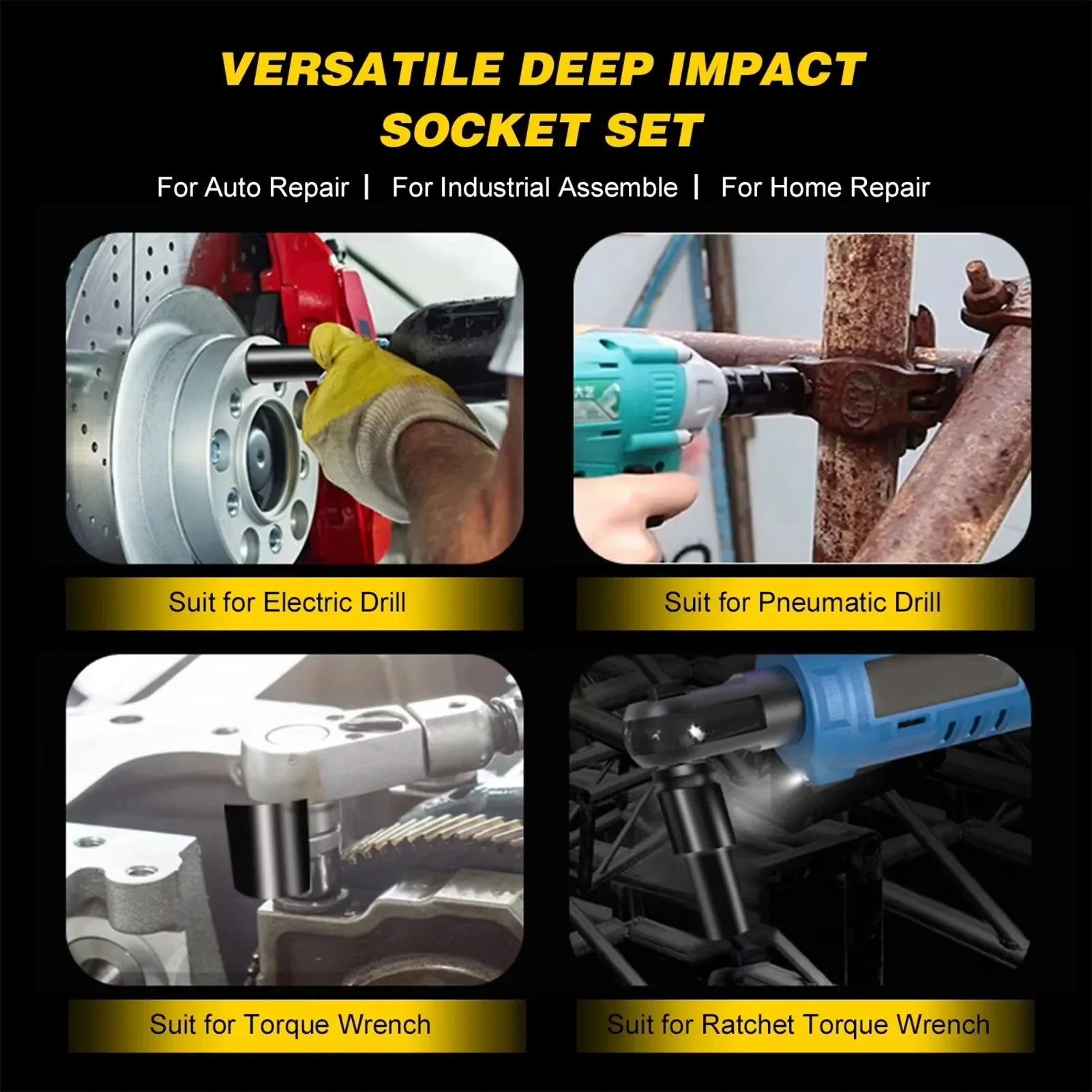 Universal Socket Drive, Deep Socket Set, Drive Metric Impact Socket Set for Pneumatic Tools