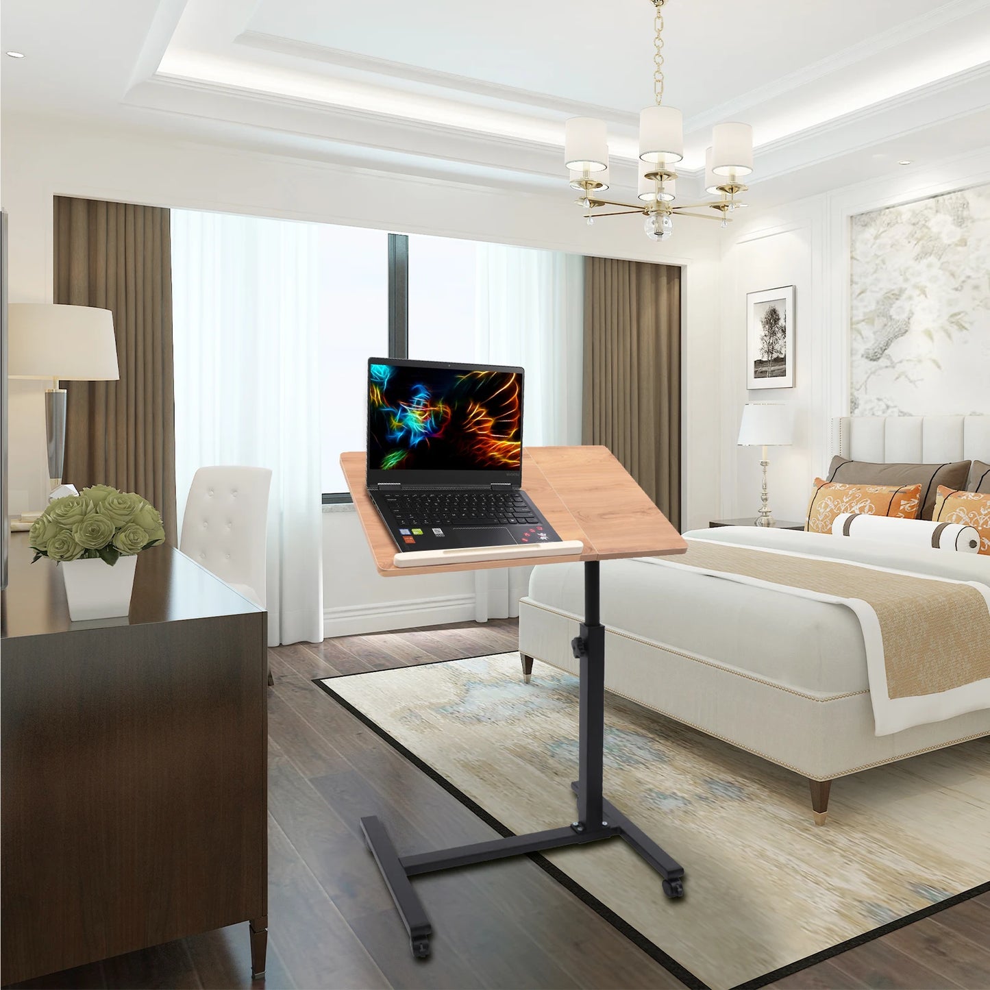 Mobile Stand Adjustable Laptop Desk with Rotating Tabletop, Rolling Study Table for Computer Workstation, Home Office