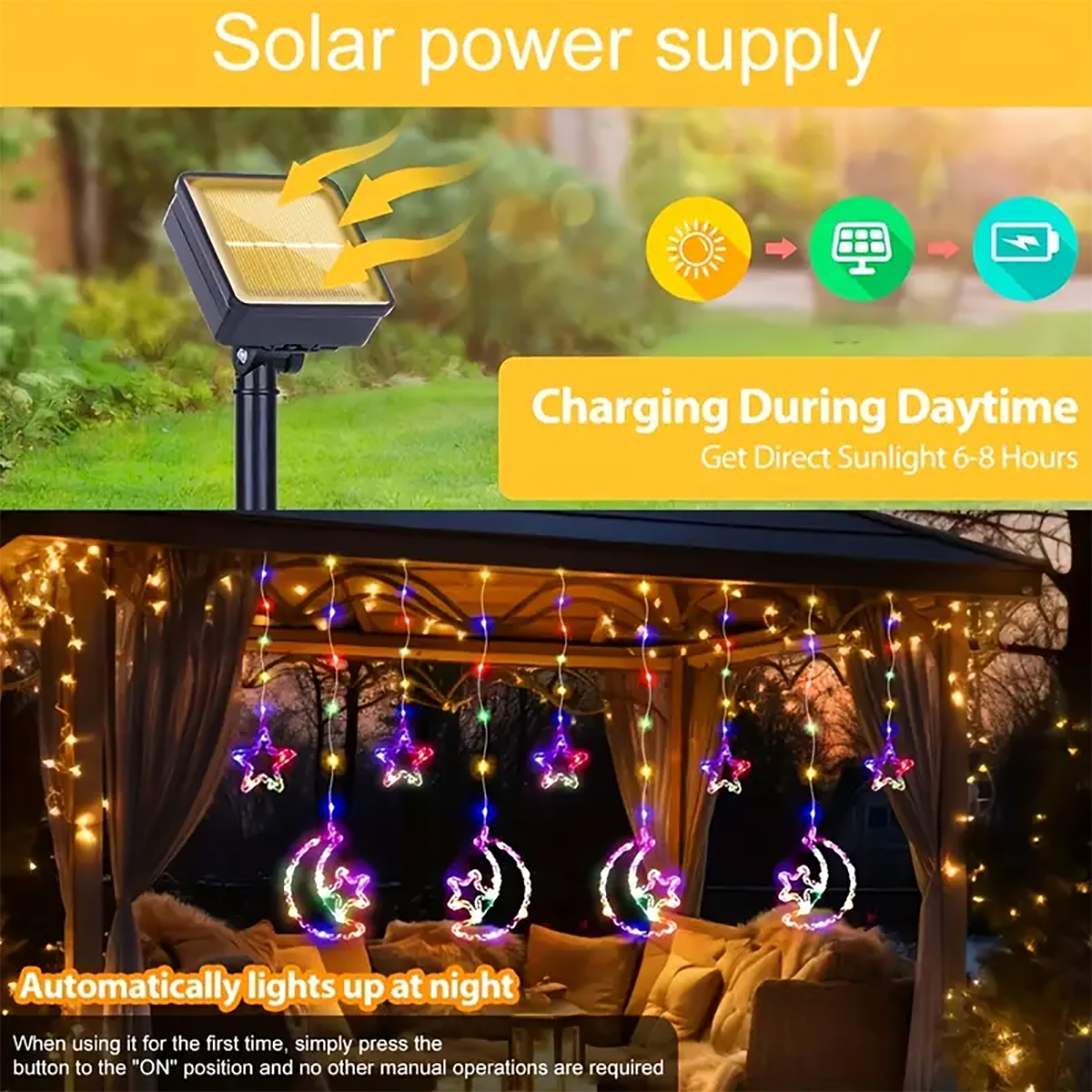 SolarPowered Stars And Moon Lights Waterproof Curtain String Lights For Outdoor Terraces Porches An