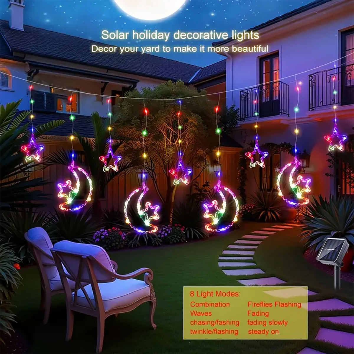 SolarPowered Stars And Moon Lights Waterproof Curtain String Lights For Outdoor Terraces Porches An