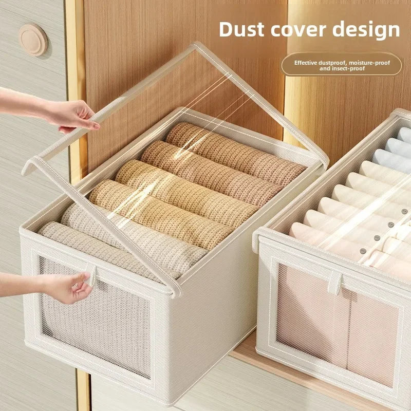 Large Foldable Canvas Storage Box with Clear Window, Organize and Store Clothing, Space-Saving Home Closet Organizer