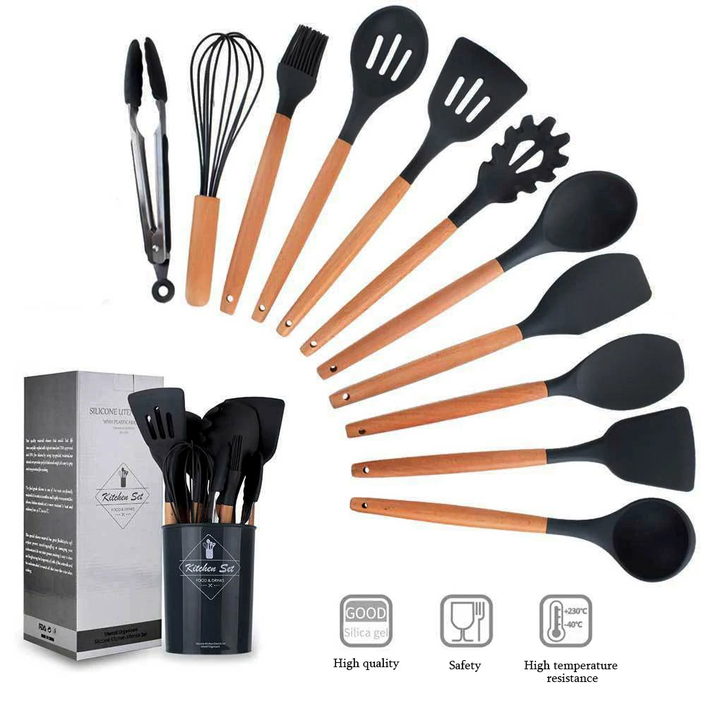 NonStick Cooking Tools  Mint Green Silicone Kitchen Utensils Set With Wooden Handle Utensil Holder  1