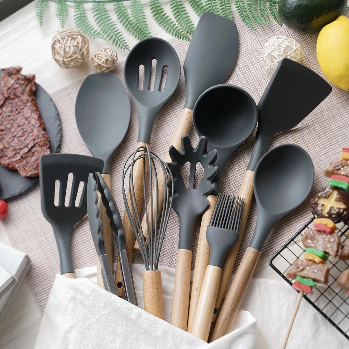 NonStick Cooking Tools  Mint Green Silicone Kitchen Utensils Set With Wooden Handle Utensil Holder  2