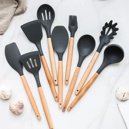 NonStick Cooking Tools  Mint Green Silicone Kitchen Utensils Set With Wooden Handle Utensil Holder  4