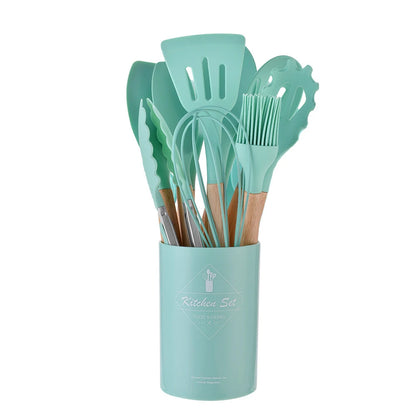 NonStick Cooking Tools  Mint Green Silicone Kitchen Utensils Set With Wooden Handle Utensil Holder  6