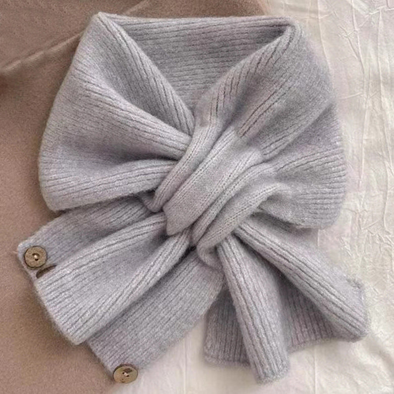 Short Womens Scarf Autumn And Winter Color Blocked Knitted Scarf Button Neck Warmer 9