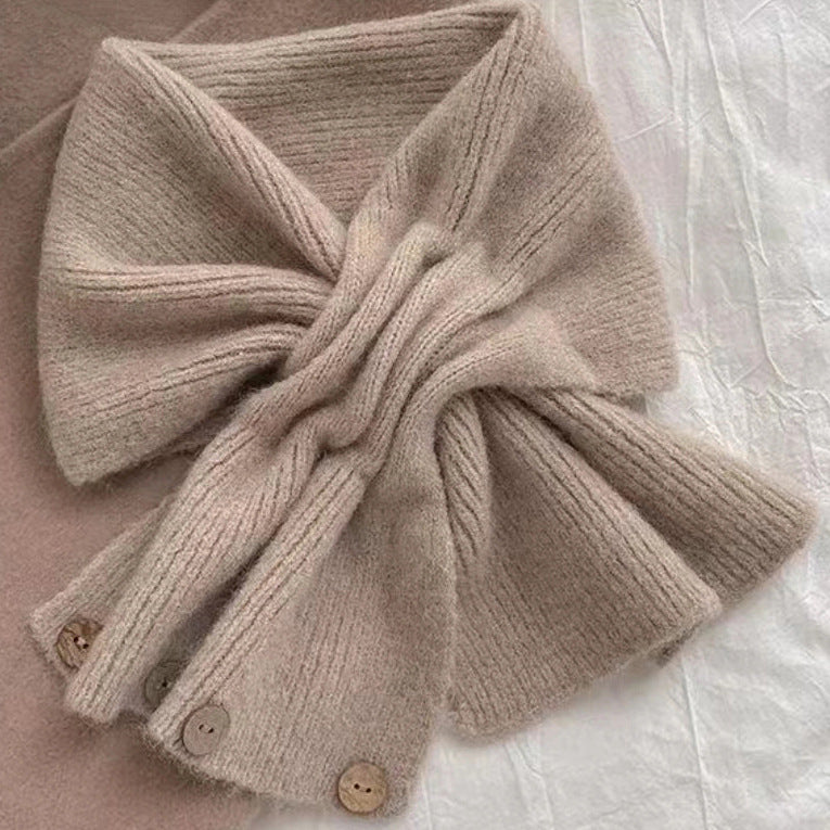 Short Womens Scarf Autumn And Winter Color Blocked Knitted Scarf Button Neck Warmer 10