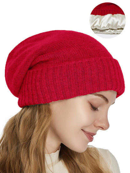 Womens Pure Wool Winter Hat Satin Lined Knitted Beanies Soft Warm Ski Cap Elastic Slouchy Sleep Cov 9