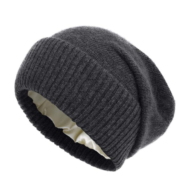 Womens Pure Wool Winter Hat Satin Lined Knitted Beanies Soft Warm Ski Cap Elastic Slouchy Sleep Cov 12