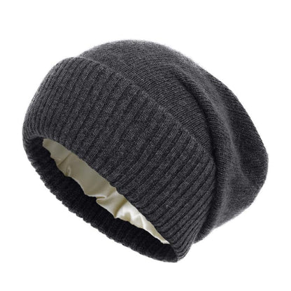 Womens Pure Wool Winter Hat Satin Lined Knitted Beanies Soft Warm Ski Cap Elastic Slouchy Sleep Cov 12