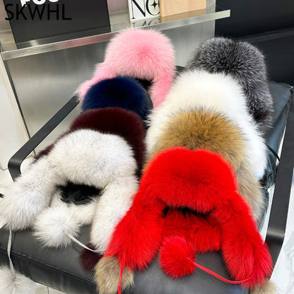 Women's Real Fox Fur Hats Aviator Trapper Snow Skiing Winter Raccoon Fur Bomber Earflap Hat Cap
