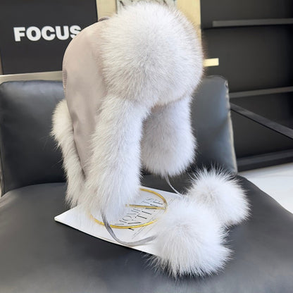 Womens Real Fox Fur Hats Aviator Trapper Snow Skiing Winter Raccoon Fur Bomber Earflap Hat Cap 1