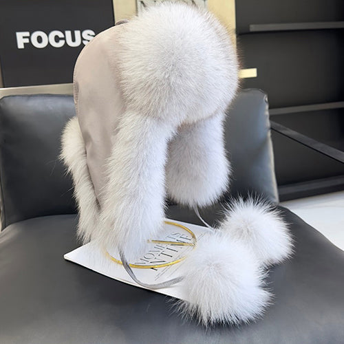 Womens Real Fox Fur Hats Aviator Trapper Snow Skiing Winter Raccoon Fur Bomber Earflap Hat Cap 6