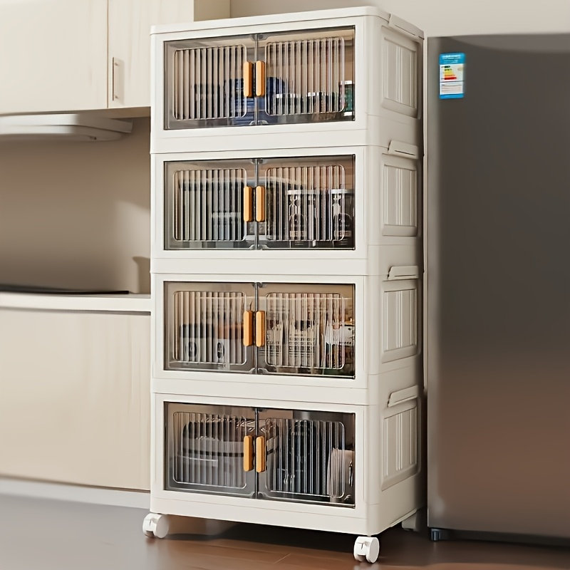 Stack able Practical Storage Cabinet with Doors and Wheels, Spacious Multi functional Plastic Organizer
