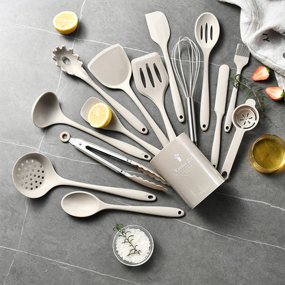 Silicone Kitchenware Set, Khaki Turner Spatula, Soup Spoon & Cooking Tools, Food Grade Utensils for Cooking and Serving