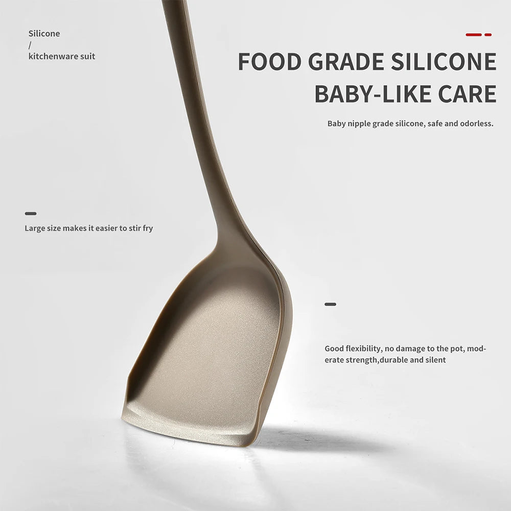 Silicone Kitchenware Set, Khaki Turner Spatula, Soup Spoon & Cooking Tools, Food Grade Utensils for Cooking and Serving