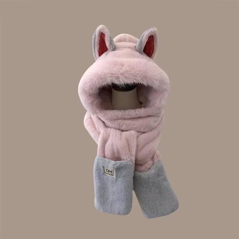 Fashionable OnePiece Plush Hat Winter Fox Warm Ear Protection Scarf 7